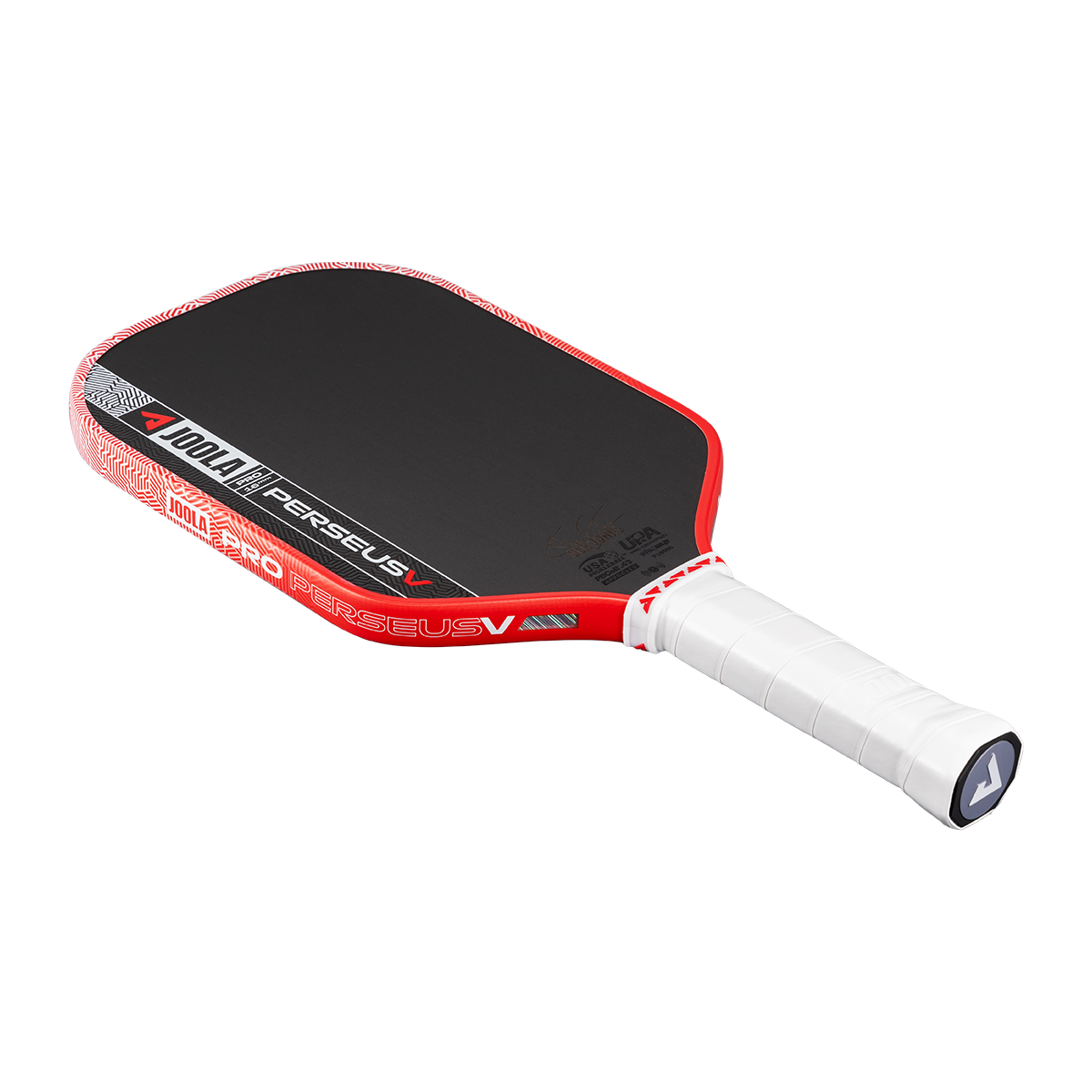 The JOOLA Perseus Pro V 16mm Ben Johns Blaze Red Pickleball Paddle, featuring black and red colors with a white handle, is displayed on a plain white background.