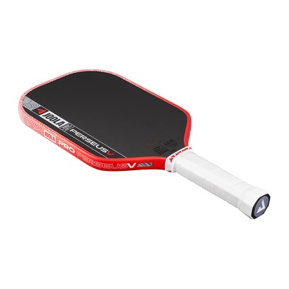 The JOOLA Perseus Pro V 16mm Ben Johns Blaze Red Pickleball Paddle, featuring black and red colors with a white handle, is displayed on a plain white background.