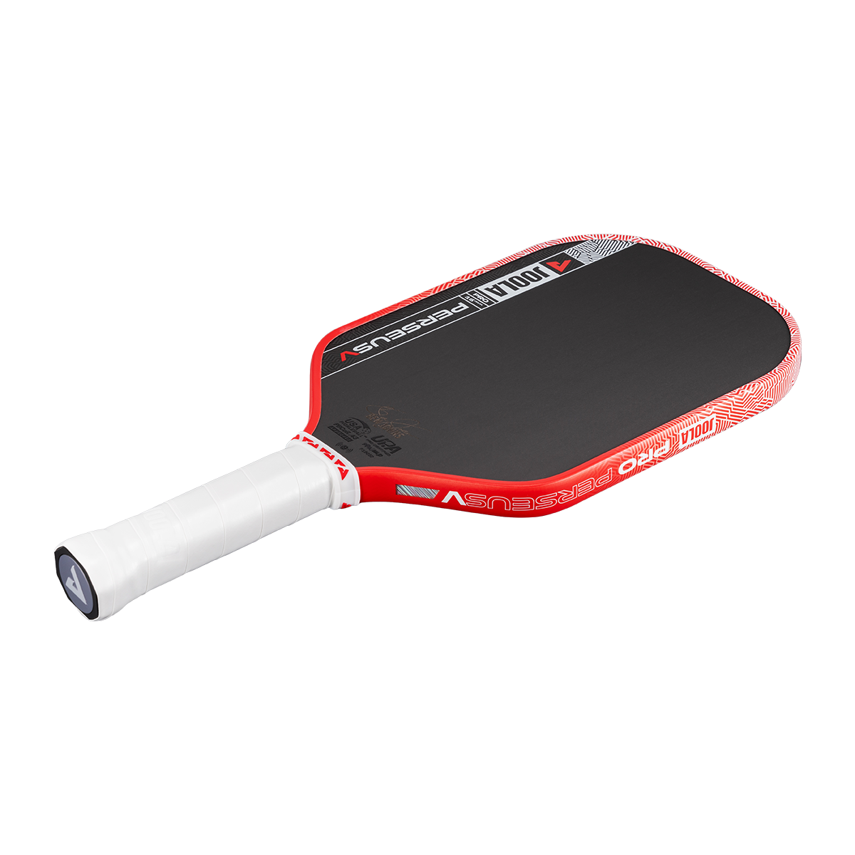 The JOOLA Perseus Pro V 16mm Ben Johns Blaze Red Pickleball Paddle is showcased with a black face, red edge, and white handle against a plain white background—ideal for players seeking quality performance like Ben Johns.