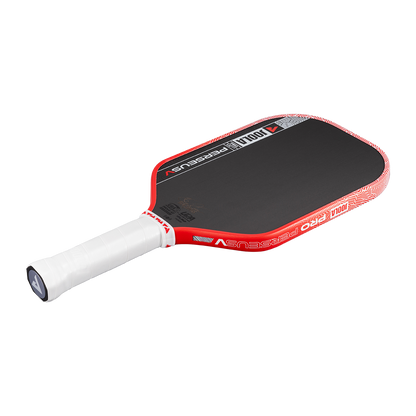 The JOOLA Perseus Pro V 16mm Ben Johns Blaze Red Pickleball Paddle is showcased with a black face, red edge, and white handle against a plain white background—ideal for players seeking quality performance like Ben Johns.