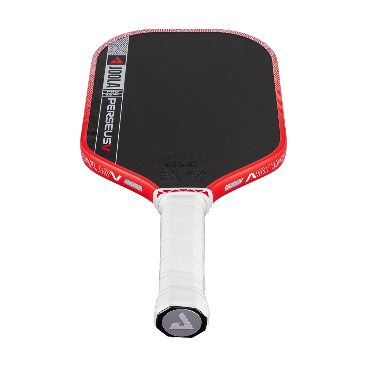 The JOOLA Perseus Pro V 16mm Ben Johns Blaze Red Pickleball Paddle features a red and black carbon fiber design with a white handle, shown on a white background—a sleek pick for any professional pickleball player.