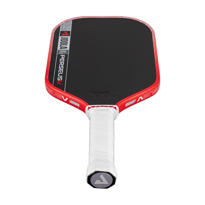 The JOOLA Perseus Pro V 16mm Ben Johns Blaze Red Pickleball Paddle features a red and black carbon fiber design with a white handle, shown on a white background—a sleek pick for any professional pickleball player.
