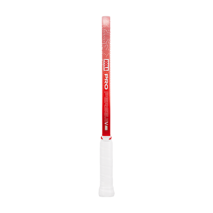 A JOOLA Perseus Pro V 16mm Ben Johns Blaze Red Pickleball Paddle is displayed vertically against a plain white background, its sleek red and white design evoking the look of a professional paddle.