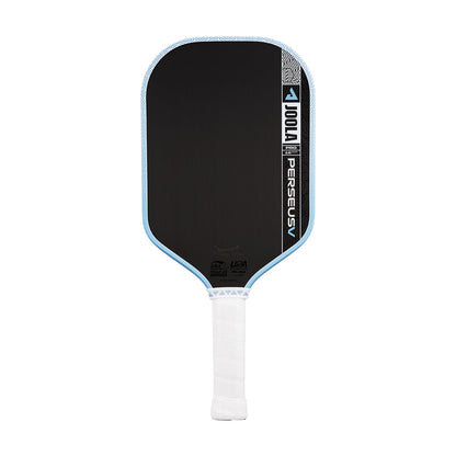 A JOOLA Perseus Pro V 16mm Simone Jardim Breeze Blue Pickleball Paddle in black and blue with a white grip, displayed on a plain white background.