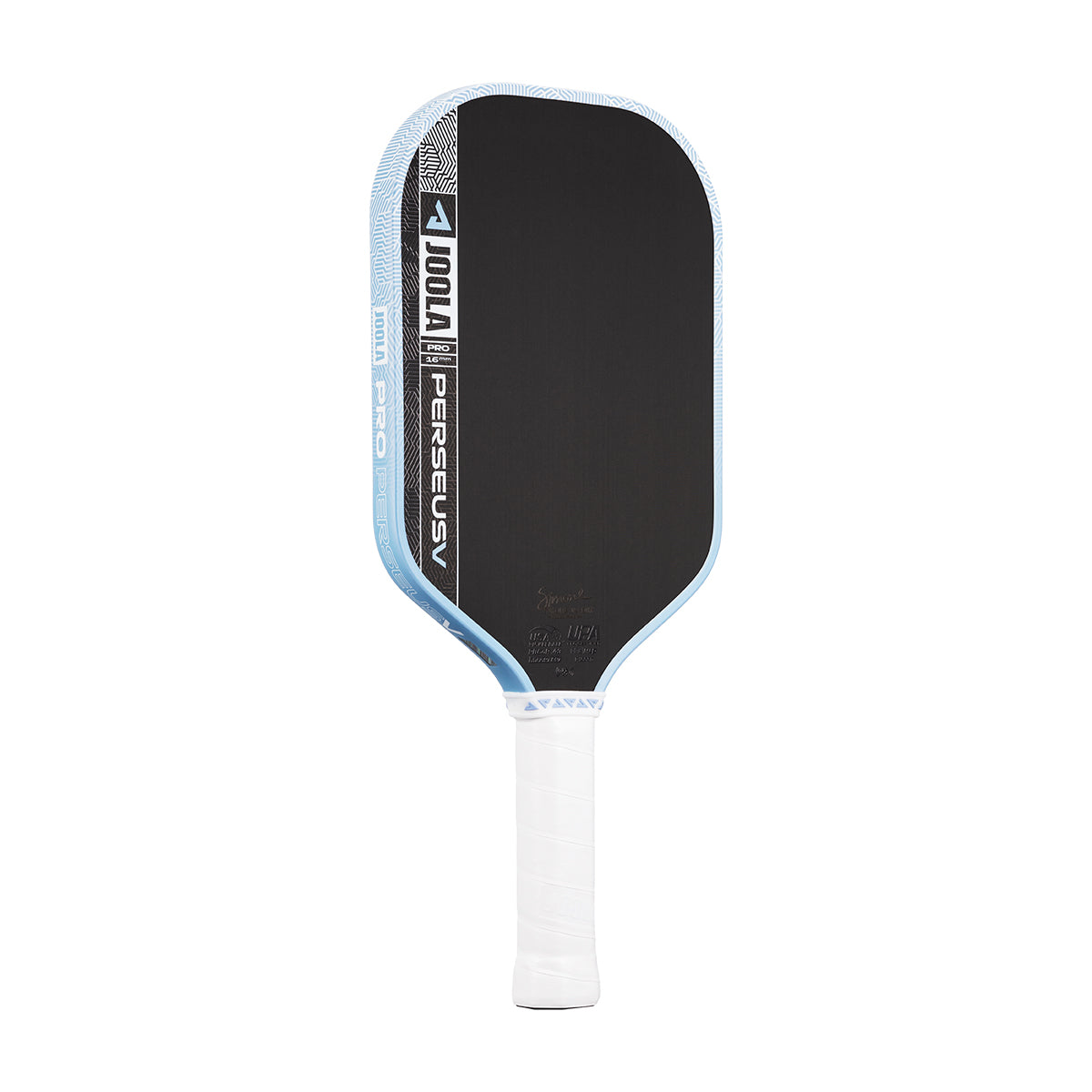 The JOOLA Perseus Pro V 16mm Simone Jardim Breeze Blue Pickleball Paddle is a black and light blue professional paddle with a white grip, premium carbon fiber construction, and "JOOLA Perseus Pro" branding on the side.