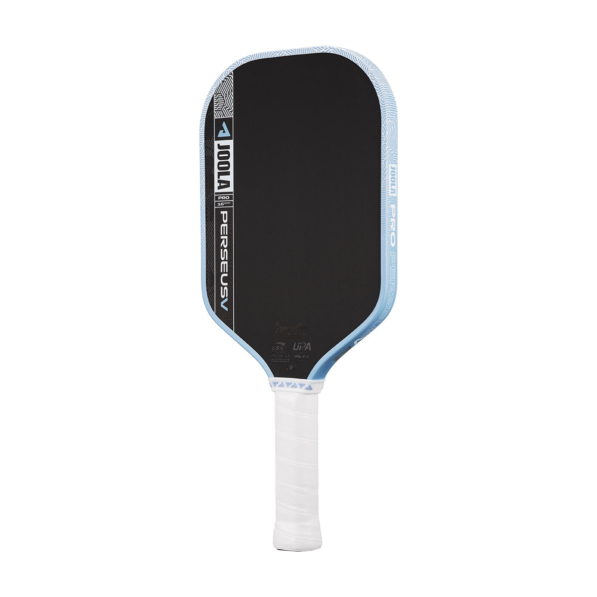 The JOOLA Perseus Pro V 16mm Simone Jardim Breeze Blue Pickleball Paddle features a black and light blue carbon fiber face with a white grip, displayed against a white background.