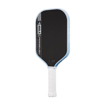 The JOOLA Perseus Pro V 16mm Simone Jardim Breeze Blue Pickleball Paddle features a black and light blue carbon fiber face with a white grip, displayed against a white background.