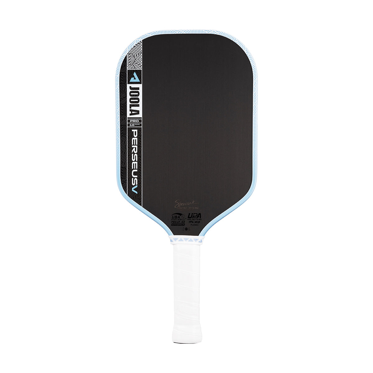 The JOOLA Perseus Pro V 16mm Simone Jardim Breeze Blue Pickleball Paddle features a black carbon fiber face, light blue edge, and white grip, displayed against a white background.