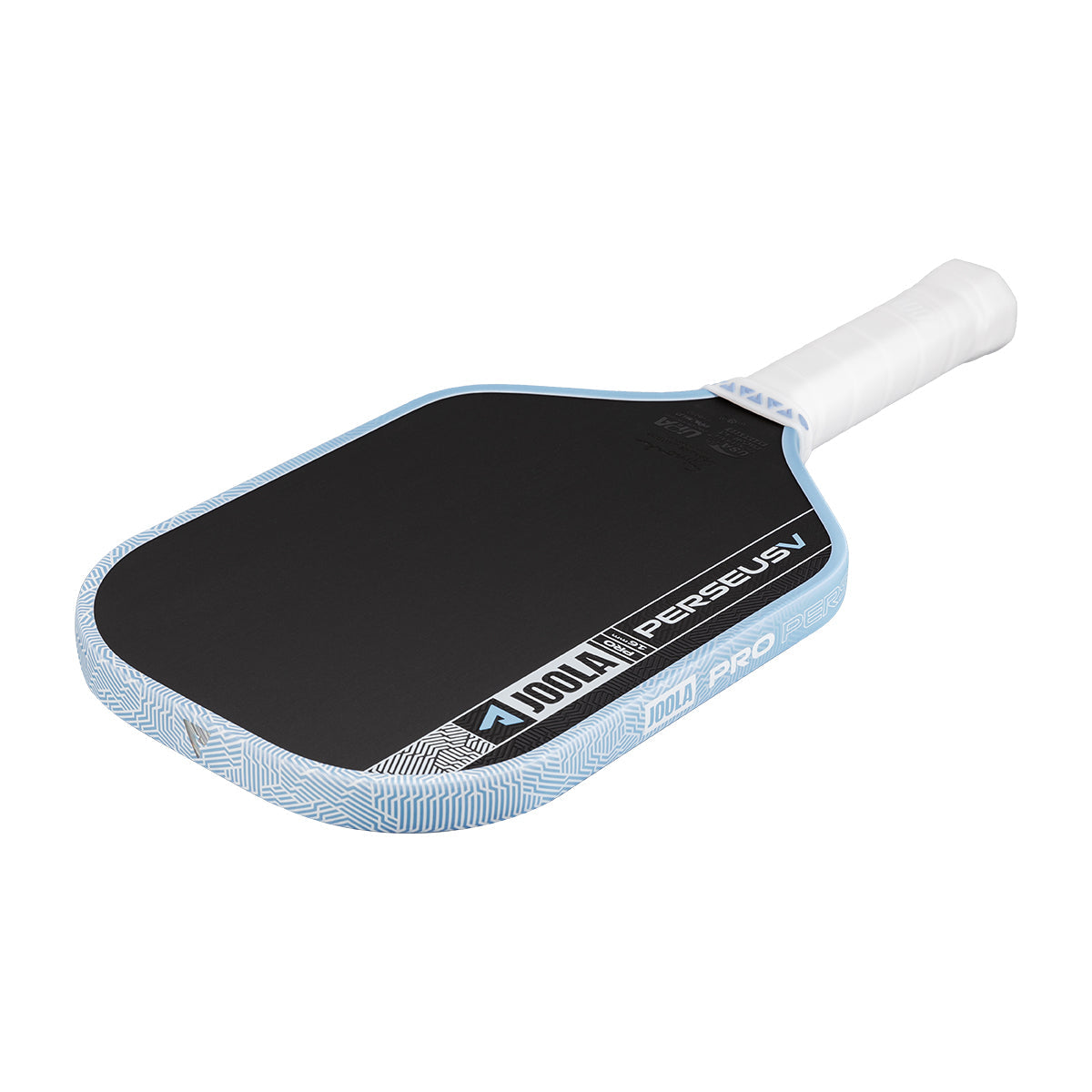 A JOOLA Perseus Pro V 16mm Simone Jardim Breeze Blue Pickleball Paddle, featuring black and blue colors with a white handle, is displayed on a white background.