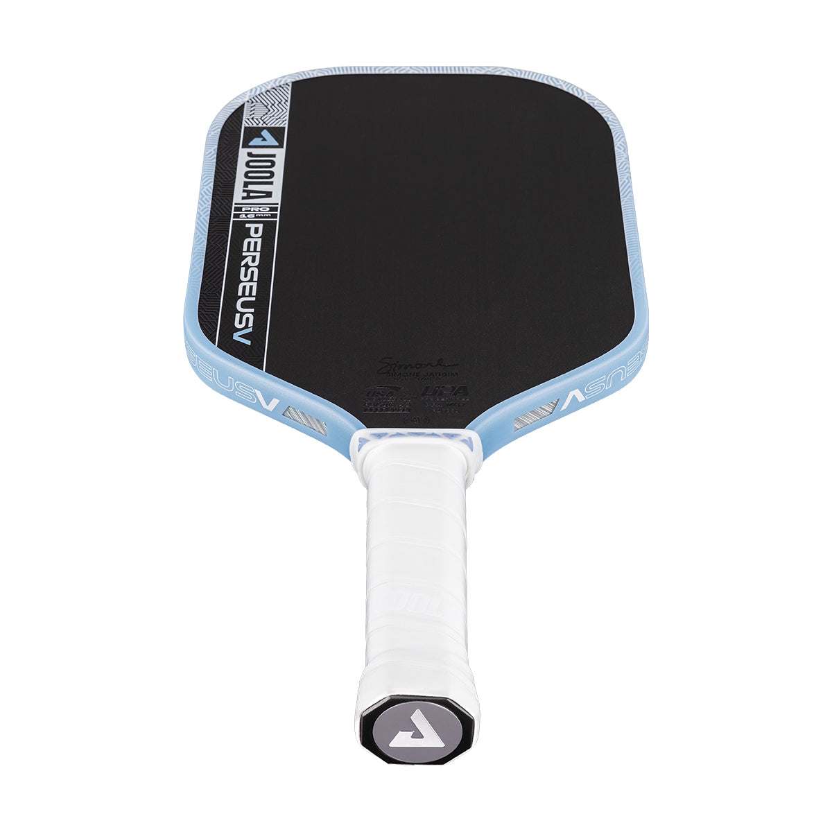 A JOOLA Perseus Pro V 16mm Simone Jardim Breeze Blue Pickleball Paddle by JOOLA, featuring black and blue colors with a white handle, is shown lying flat with its handle facing forward.
