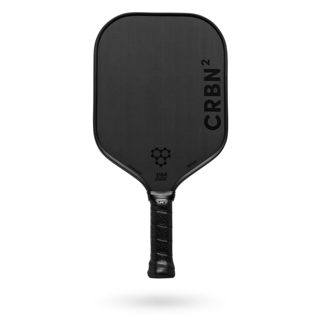 A black Pickleballist CRBN 2 - 16mm pickleball paddle with a textured surface and logo, shown against a white background.