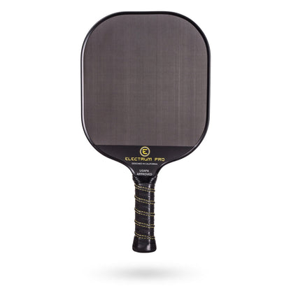 A black Pickleballist Electrum Pro pickleball paddle with a grey face and a detailed black handle grip, centered on a white background.