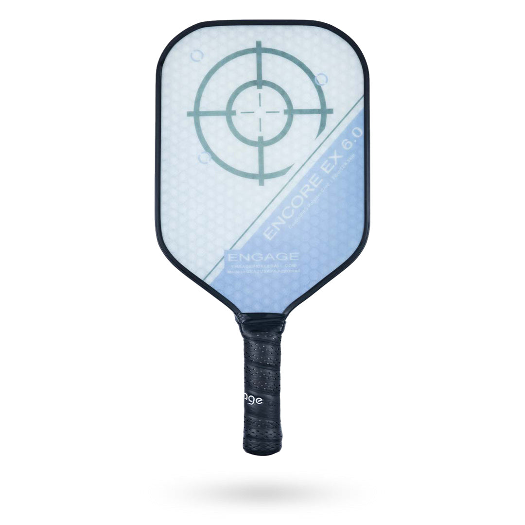 A pickleball paddle with a white face, black handle, and a green circular target design on the surface. The paddle model is labeled "Engage Encore EX 6.0 Pickleball Paddle" by Engage.