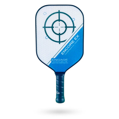 Blue and white Pickleballist Engage Encore EX pickleball paddle with a target design and the text "encore ex" and "engage" visible on the surface, isolated on a white background.