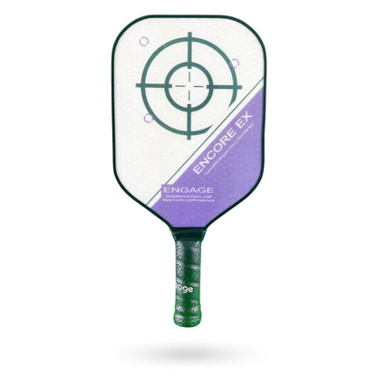 Purple and green Pickleballist Engage Encore EX Pickleball Paddle with a target design on the face, isolated on a white background.