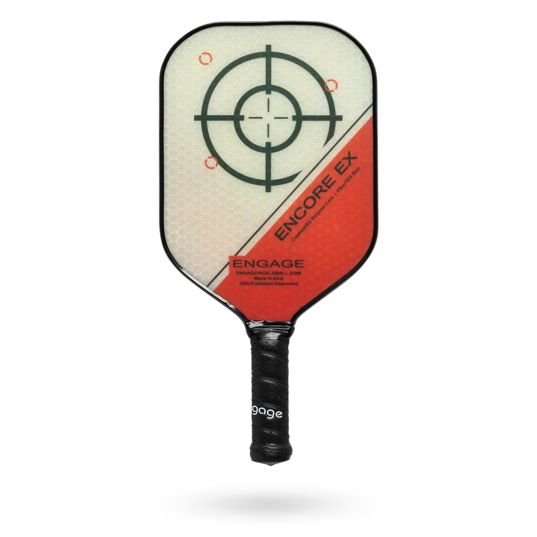 A Pickleballist pickleball paddle with a color gradient from beige to red, featuring a central target design and labeled "Engage Encore EX" by Engage.