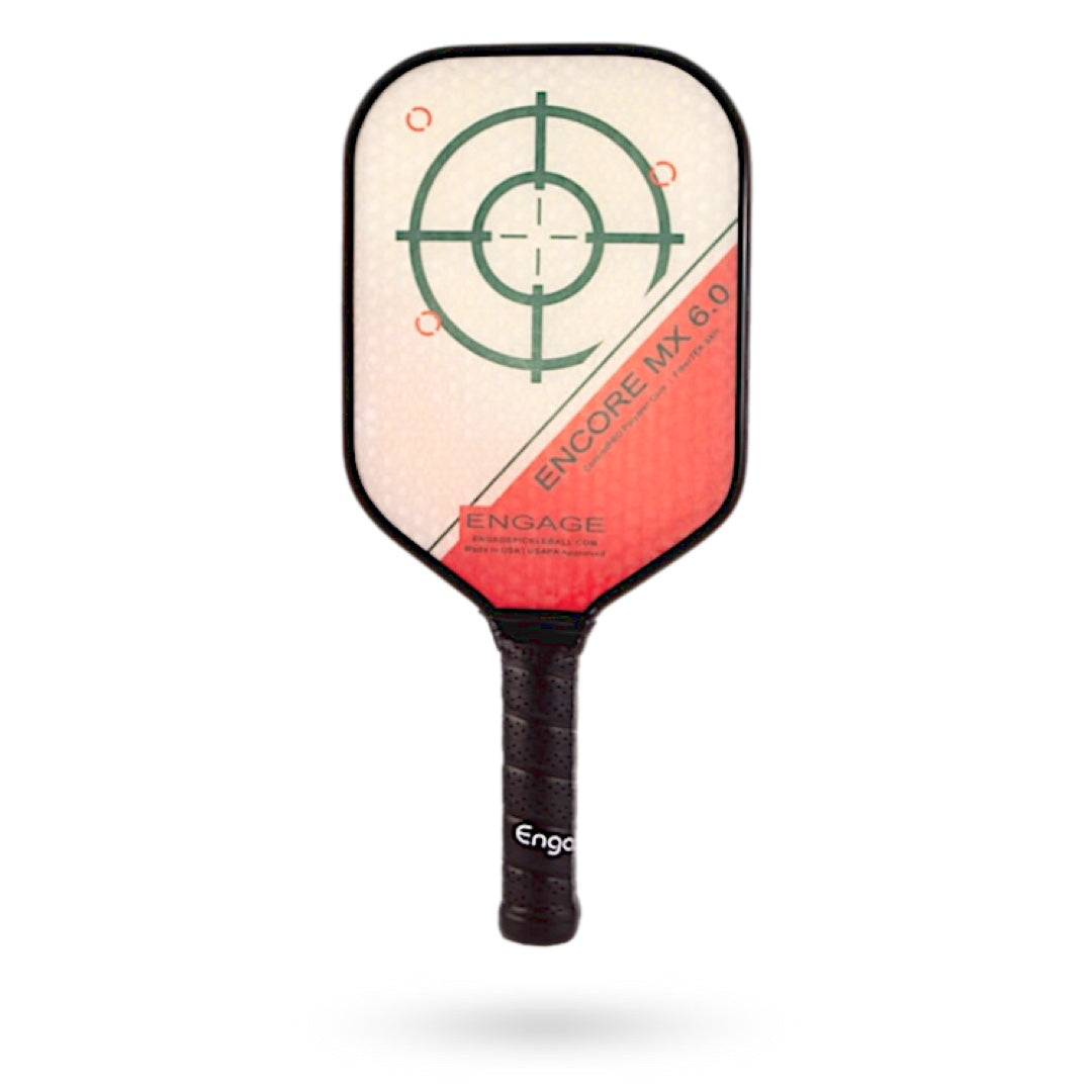 A paddle with a red-and-white design featuring a target graphic and the words "Engage Encore MX 6.0 Pickleball Paddle." The handle is black with a textured grip.