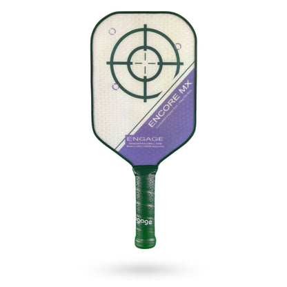 A pickleball paddle with a target design on the face and labeled "Engage Encore MX" by Pickleballist, featuring a purple and green color scheme.