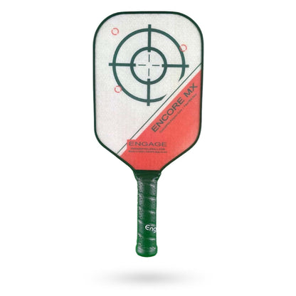 A Pickleballist paddle with a red to white gradient design, marked "Engage Encore MX" and "Pickleballist" on the surface.