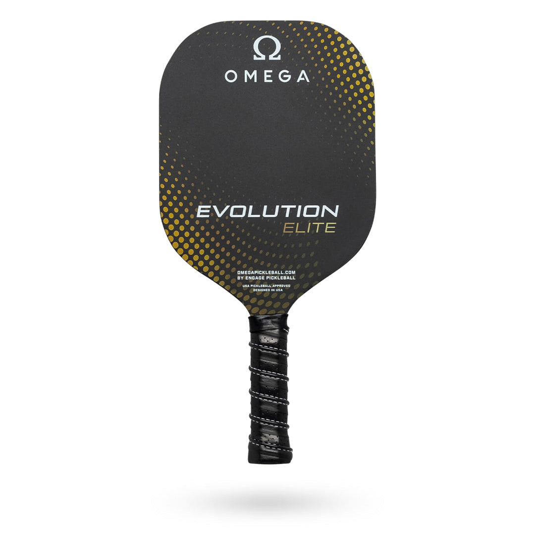 Image of a black and yellow Engage Omega Evolution Elite Pickleball Paddle, featuring a honeycomb pattern, Engage logo, and ergonomic grip.