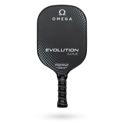 A black Engage Omega Evolution Max Pickleball Paddle with a textured grip is shown against a white background. The paddle has a speckled design near the top.