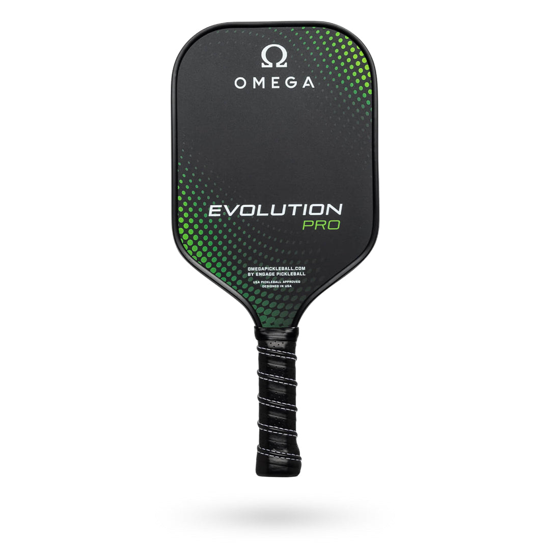 A black pickleball paddle with a green dotted design, labeled "Engage" at the top and "Omega Evolution Pro" in the center. The handle is wrapped in black grip tape.