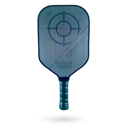 A black and gray Engage Pursuit EX Pickleball Paddle with a circular target design and the text "Pursuit EX" and "Engage" on the face. The grip is textured with black wrapping.