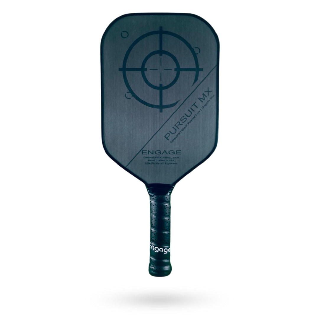 A black Engage Pursuit MX Pickleball Paddle from Engage with a target design on the face and a textured grip handle.