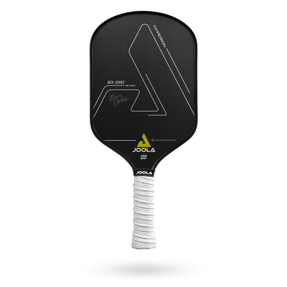 A black pickleball paddle with a white handle, featuring the name "JOOLA Ben Johns Hyperion CFS 14 Pickleball Paddle" and the JOOLA logo. The paddle has a sleek, modern design with geometric lines and text patterns. It boasts a REACTIVE HONEYCOMB POLYMER CORE for enhanced performance and a CARBON FRICTION SURFACE for superior control.