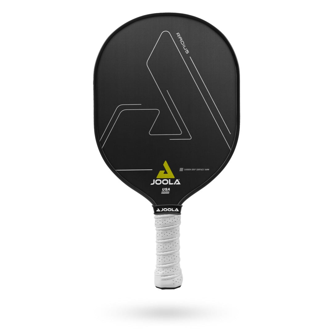 A JOOLA Radius CGS 14 Pickleball Paddle with a black face and white handle, featuring minimalist design lines and the brand logo. The paddle also boasts EDGE-SHIELD PROTECTION for durability.