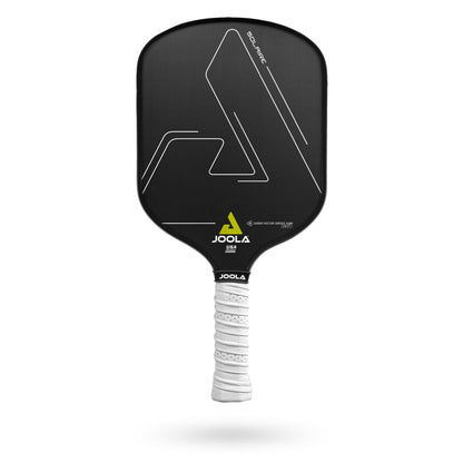 A black and white Pickleballist Solaire CFS 14 Swift pickleball paddle with a geometric design and reactive honeycomb polymer core, isolated on a white background.