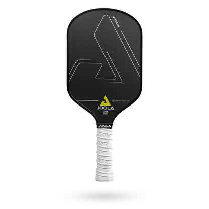 A black JOOLA Vision CGS 16 Pickleball Paddle featuring white geometric lines, a white grip, and a manufacturer's logo in yellow and white. The paddle is equipped with a Carbon Grip Surface for enhanced control and precision.