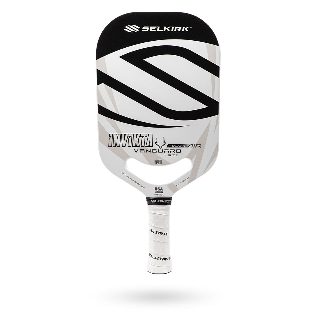 A high-performance Pickleballist Power Air Invikta Pickleball Paddle in white with black and gray accents, featuring a large black 'S' logo and a black grip, isolated on a white background.