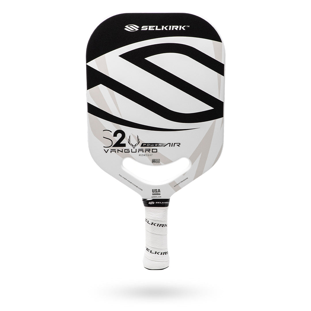 A Pickleballist Selkirk Power Air S2 pickleball paddle with a black and white design, featuring the brand logo, isolated on a white background.