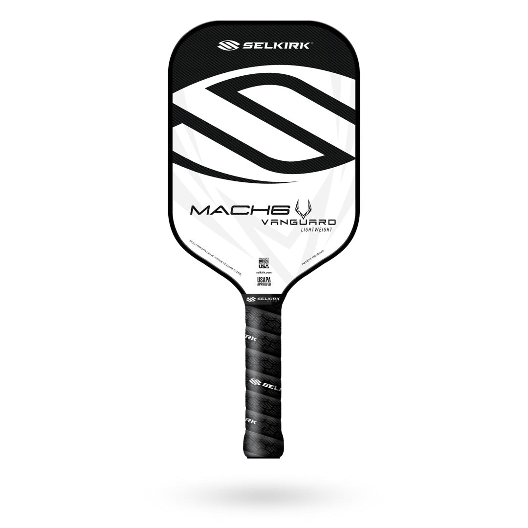 A Selkirk Vanguard Mach6 Pickleball Paddle with a black grip and a white and black patterned face, labeled "Mach6 Vanguard," is perfect for tennis players transitioning to pickleball. Featuring the Selkirk logo, this paddle is ideal for mastering the two-handed backhand.