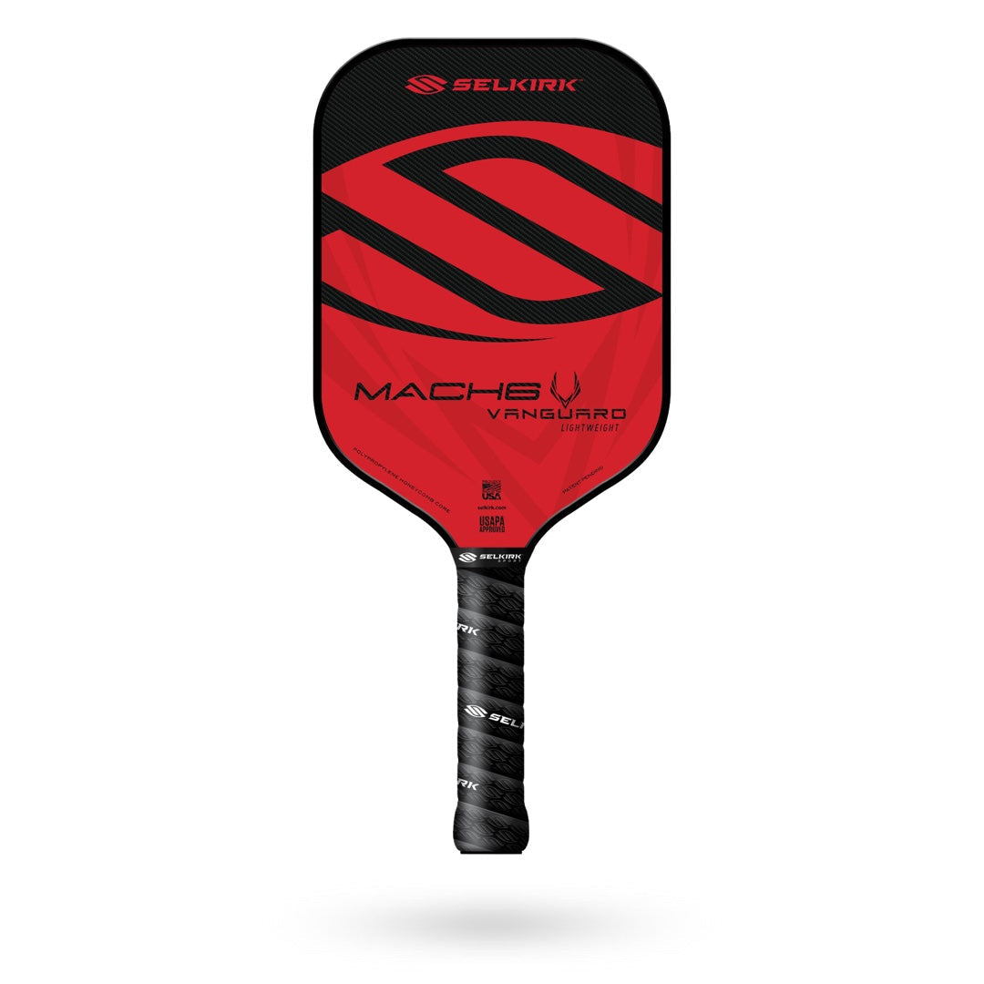 Selkirk Vanguard Mach6 Pickleball Paddle in red and black with a textured handle, perfect for tennis players transitioning to pickleball or mastering the two-handed backhand, displaying the Selkirk logo and product details.