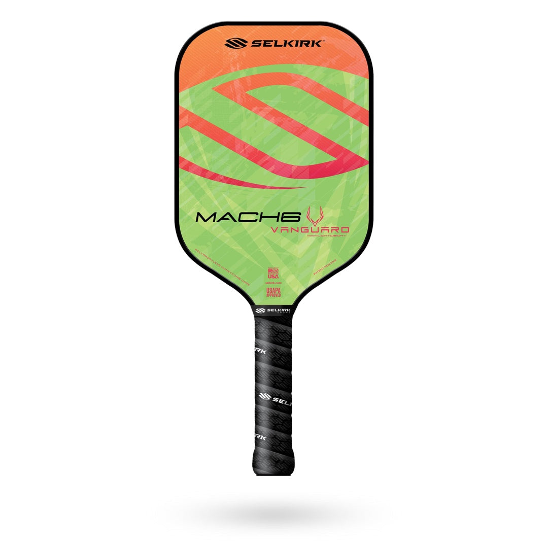 A Selkirk Selkirk Vanguard Mach6 Pickleball Paddle with an orange and green design, featuring the Mach6 model ideal for tennis players who enjoy a two-handed backhand, and a sleek black handle.