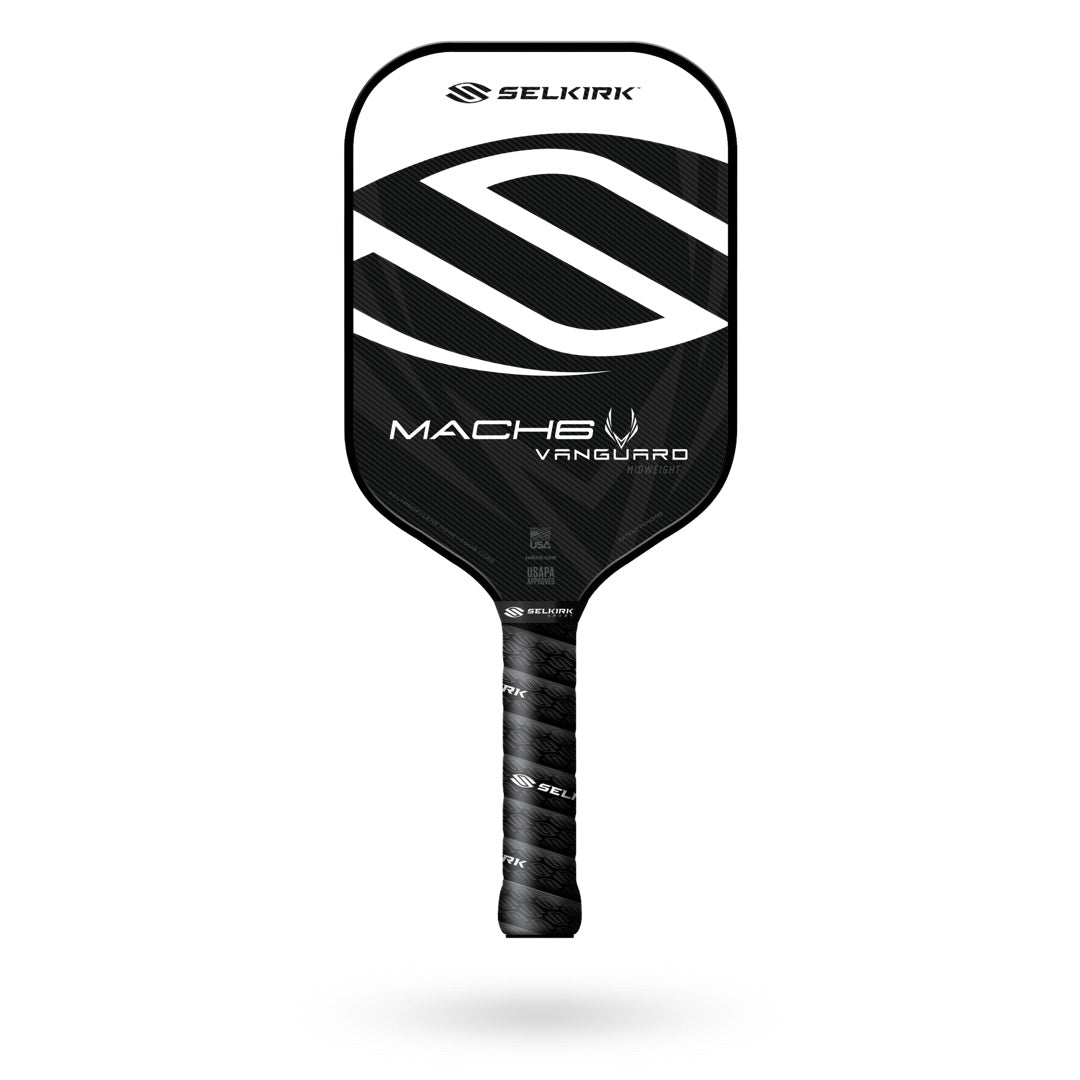 A black and white Selkirk Vanguard Mach6 Pickleball Paddle featuring the "Selkirk" logo on its face, designed for tennis players who favor a two-handed backhand, with the handle wrapped in black grip tape.