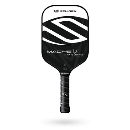 A black and white Selkirk Vanguard Mach6 Pickleball Paddle featuring the "Selkirk" logo on its face, designed for tennis players who favor a two-handed backhand, with the handle wrapped in black grip tape.