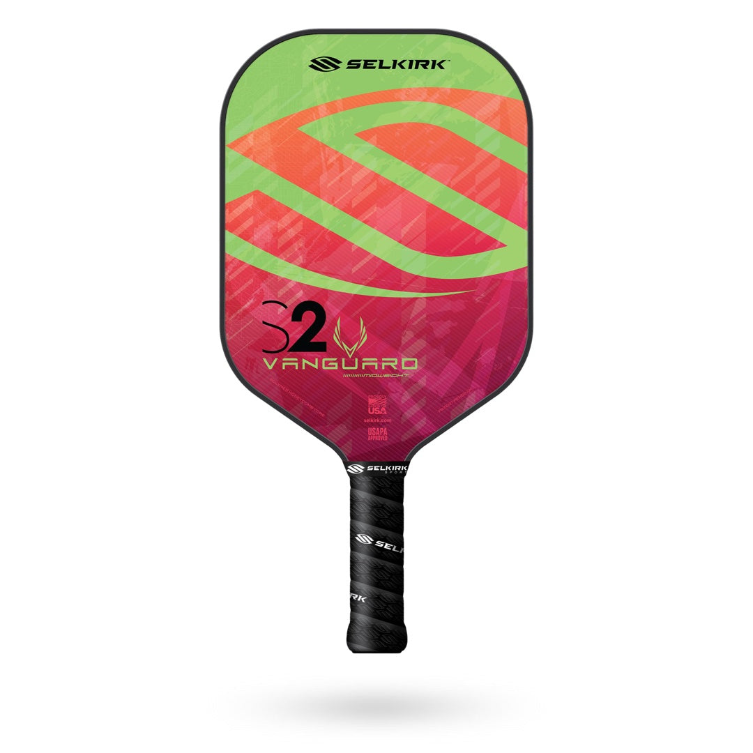 A colorful Pickleballist Vanguard S2 pickleball paddle with a gradient design of pink and green, and a black grip handle.