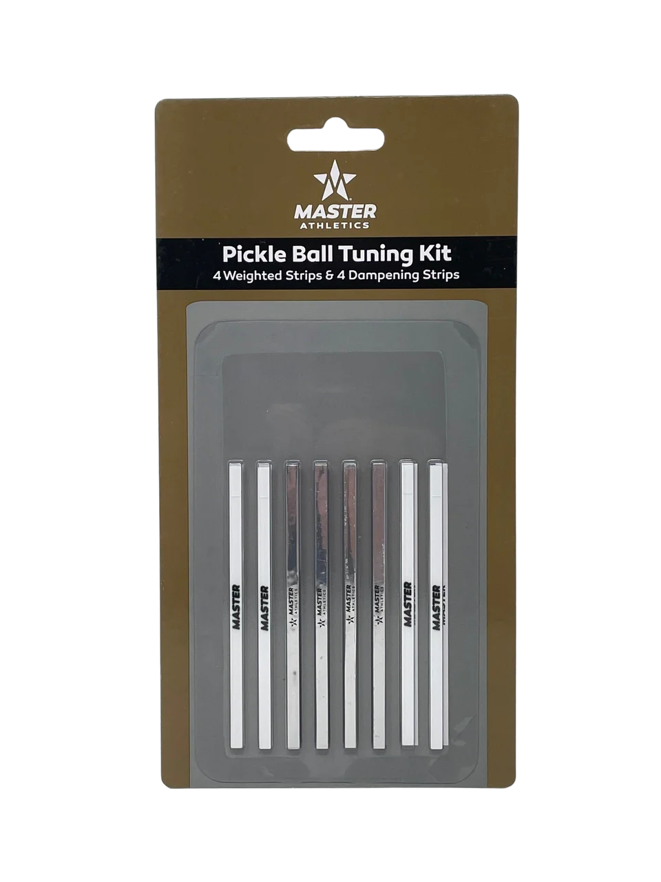 Package of Master Athletics Pickleball Tuning Kit including four weighted strips and six dampening strips, displayed in a clear plastic blister pack by Pickleballist.