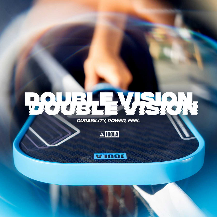 A person grips a blue-edged JOOLA Double Vision Scorpeus 16mm Pickleball Paddle with "DOUBLE VISION" and "DURABILITY, POWER, FEEL" overlaid—ideal for advanced players seeking top performance from JOOLA.