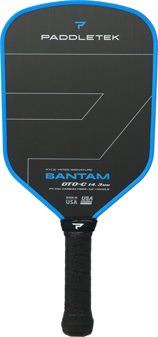 The Paddletek Bantam GTO-C 14.3mm Carbon Fiber Pickleball Paddle combines style and performance with a textured grip and branded face—ideal for players wanting a sleek black and blue paddle from Paddletek.