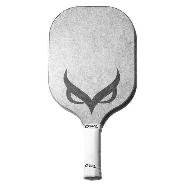 A OWL Founder's Edition Control Series Wide Body Pickleball Paddle with a white handle and metallic face, featuring an owl face graphic in black. The brand name "OWL Sport" is visible on the handle.