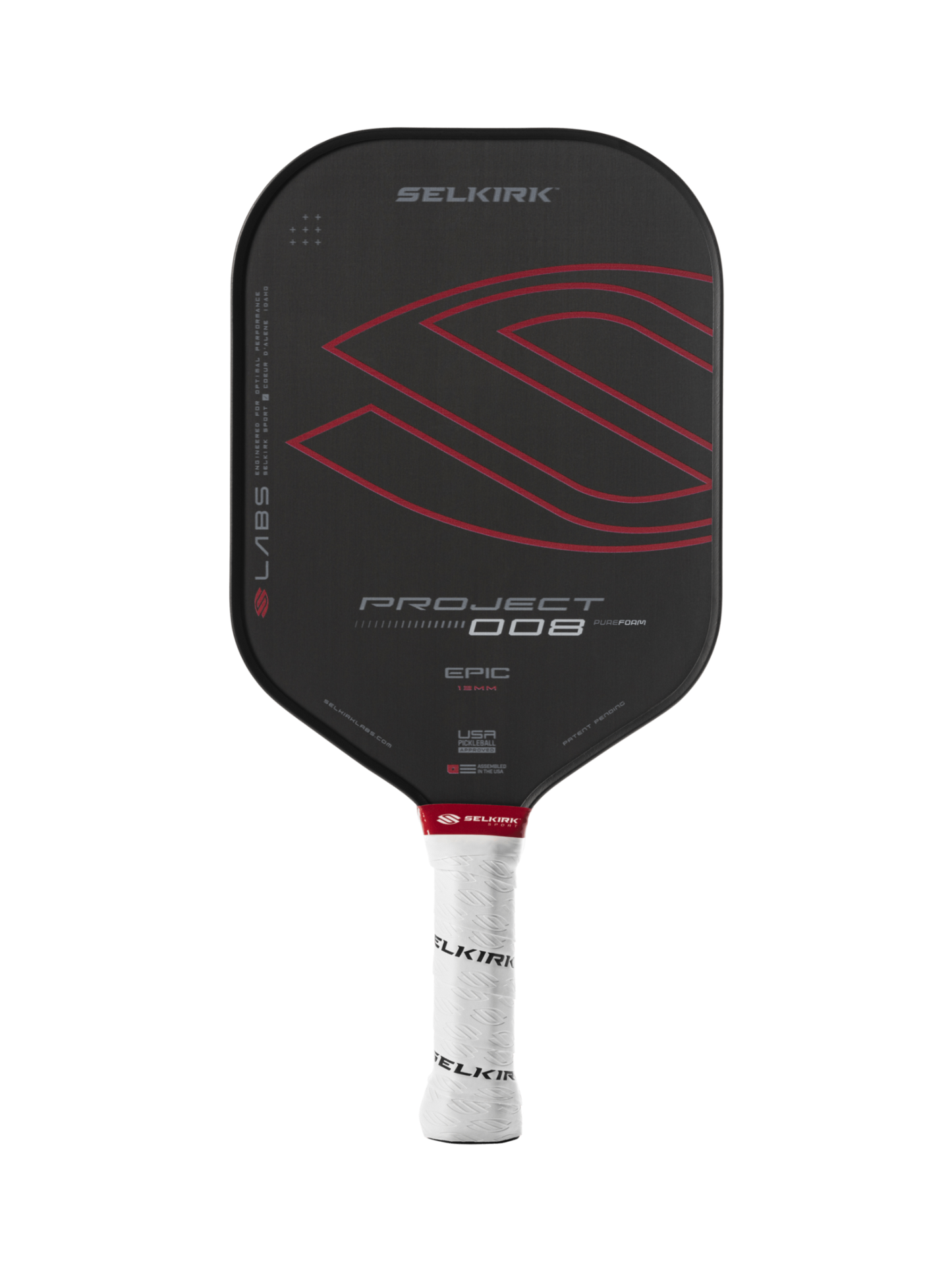 Selkirk Labs Project 008 Epic Widebody 13mm Pickleball Paddle features a black body, red design, white grip, and is branded by Selkirk.