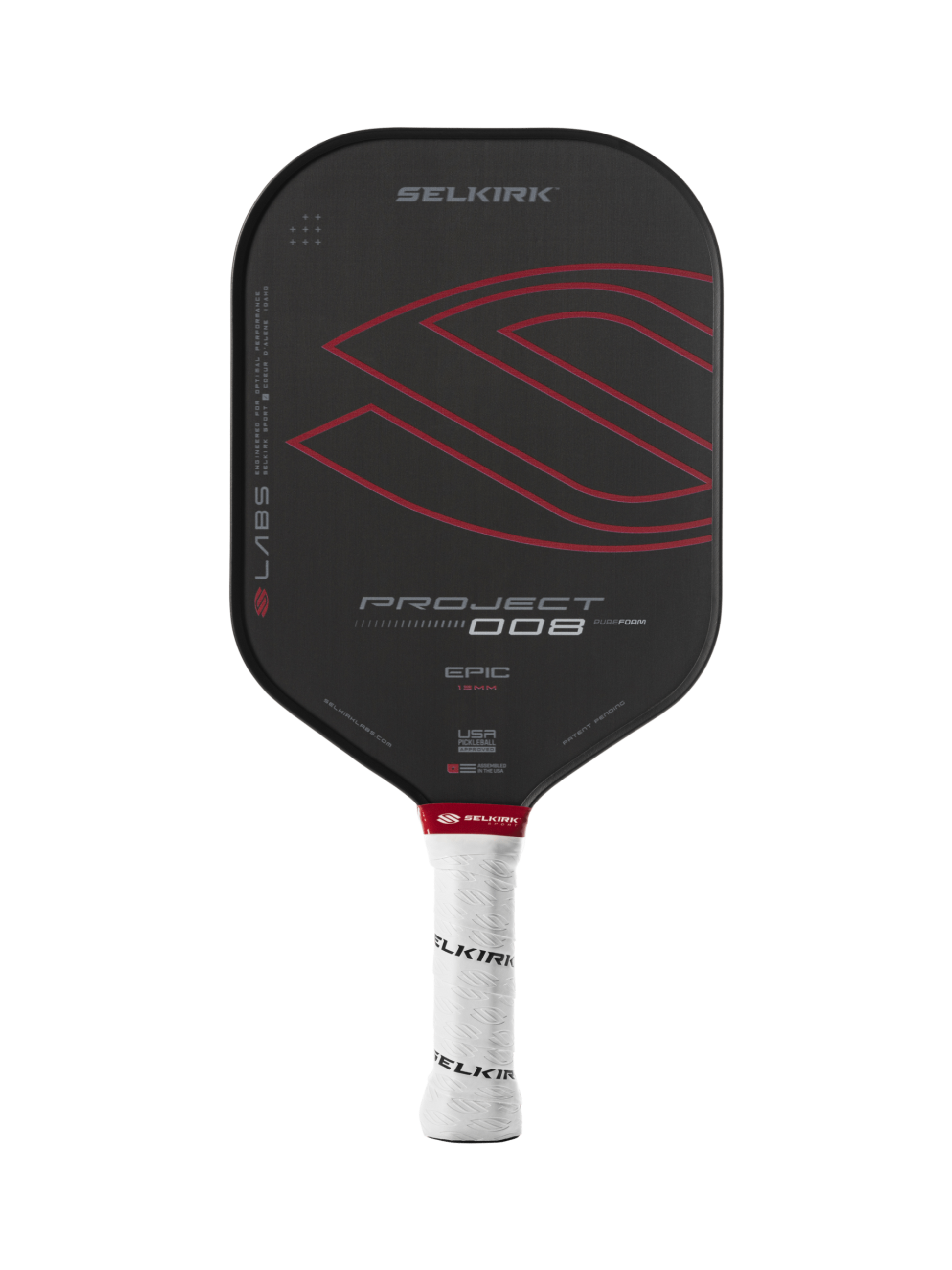 Selkirk Labs Project 008 Epic Widebody 13mm Pickleball Paddle features a black body, red design, white grip, and is branded by Selkirk.