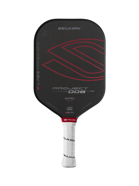 Selkirk Labs Project 008 Epic Widebody 13mm Pickleball Paddle features a black body, red design, white grip, and is branded by Selkirk.