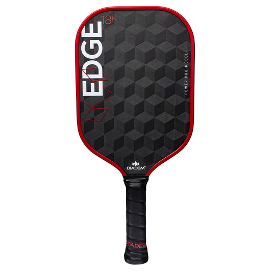 The Diadem Edge 18k Power Pro Pickleball Paddle features a striking red and black geometric design.