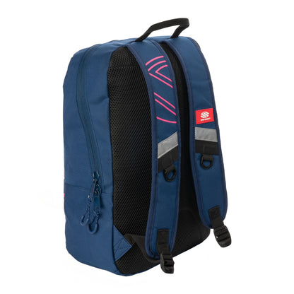 Selkirk Core Series Day Backpack Pickleball Bag by Pickleballist, with mesh side pocket and adjustable straps, featuring a red logo and pink accents, isolated on a white background.
