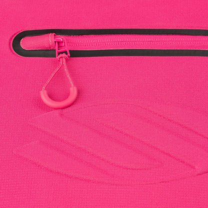 Close-up of a pink zippered pocket with a looped pull tab on a fabric with stitched details in a leaf-like pattern on the Selkirk Core Series Tour Backpack Pickleball Bag by Selkirk.